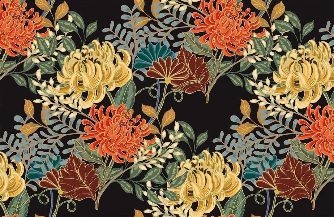 Elegant Vintage Floral Wallpaper with Vibrant Autumn Blooms on Black Background