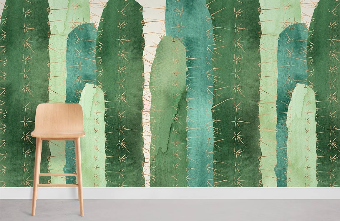 Stylish green cactus pattern mural wallpaper with wooden chair, contemporary design for UK interiors.