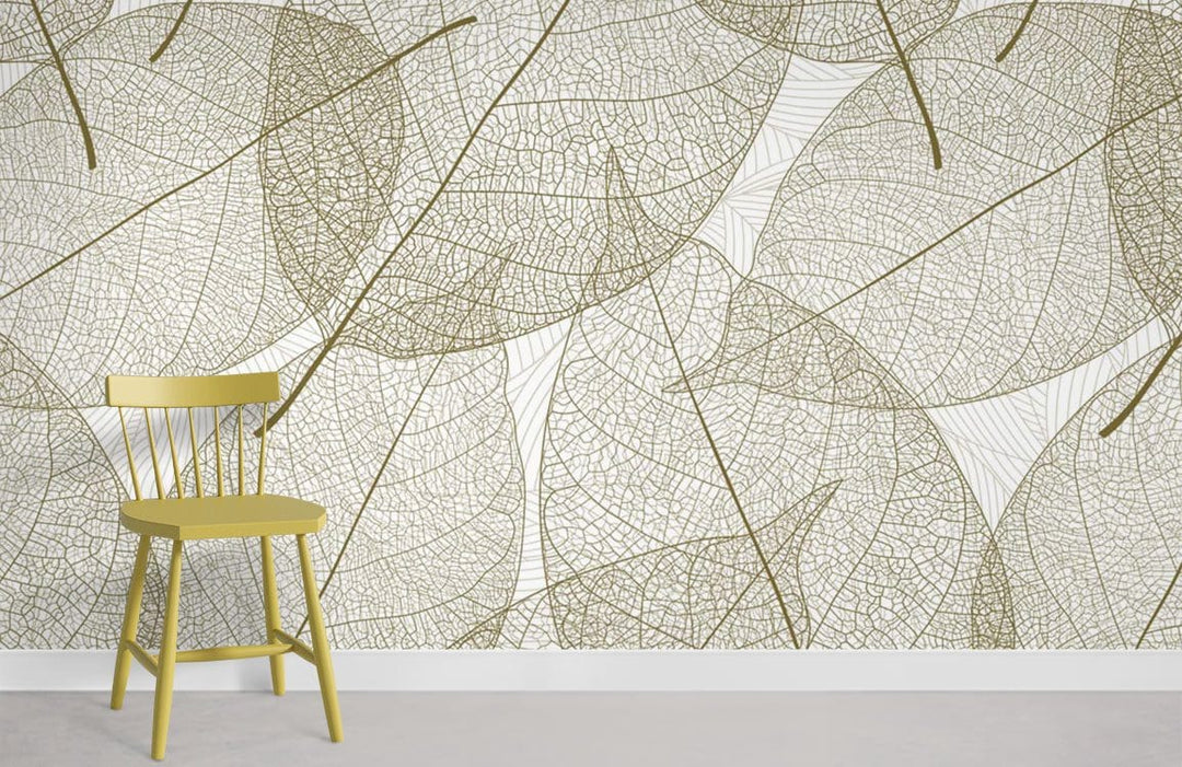 Elegant Beige Leaf Vein Pattern Wallpaper, natural chic interiors, matching yellow chair, stylish flooring.