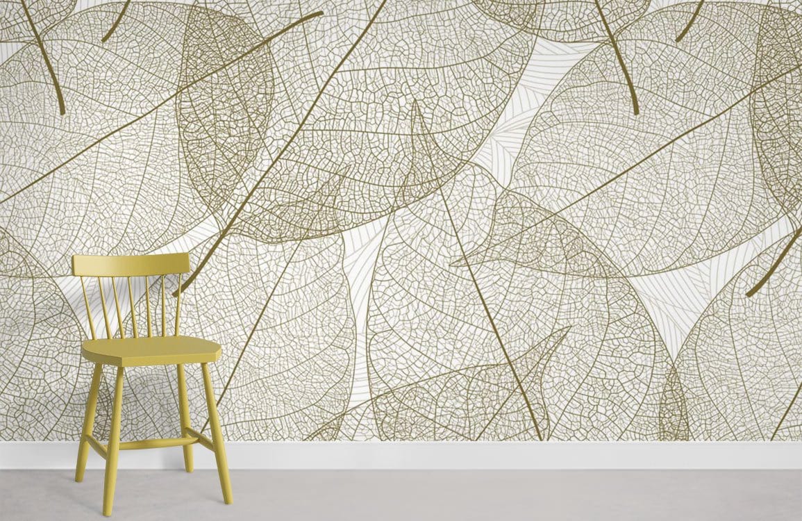 Elegant Beige Leaf Vein Pattern Wallpaper, natural chic interiors, matching yellow chair, stylish flooring.