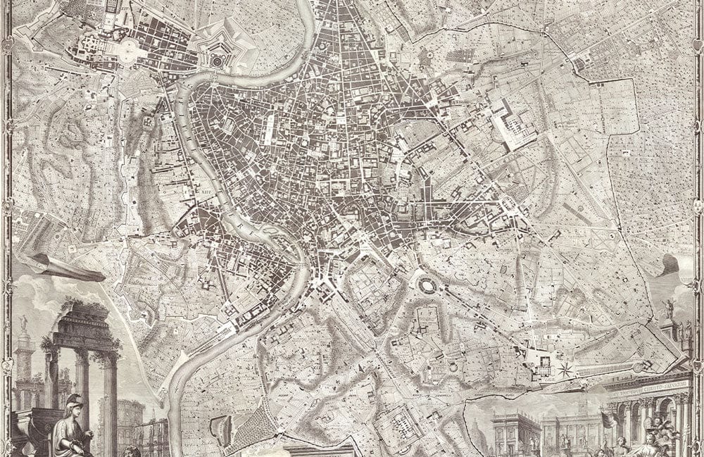 Vintage Monochrome City Map Mural Wallpaper - Historic Urban Adventure Design