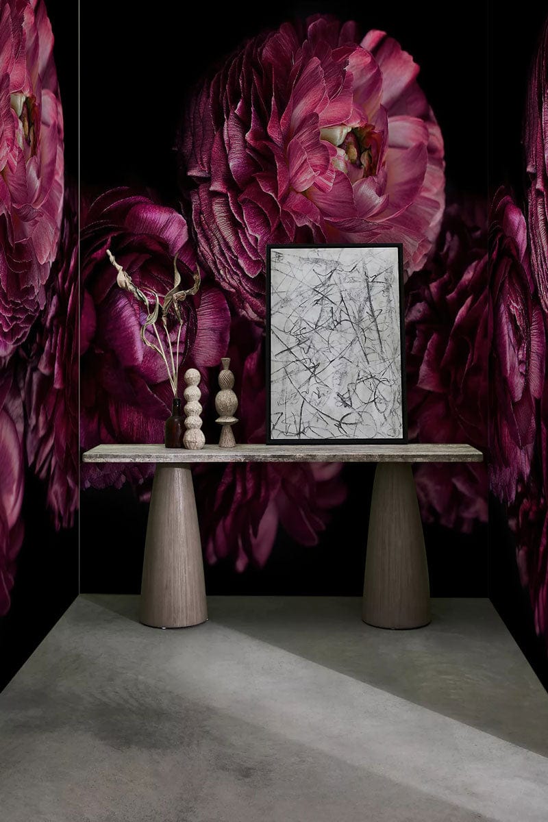Luxurious Plum Floral Blossom Mural Wallpaper enhances modern hallway with elegant console, concrete flooring.
