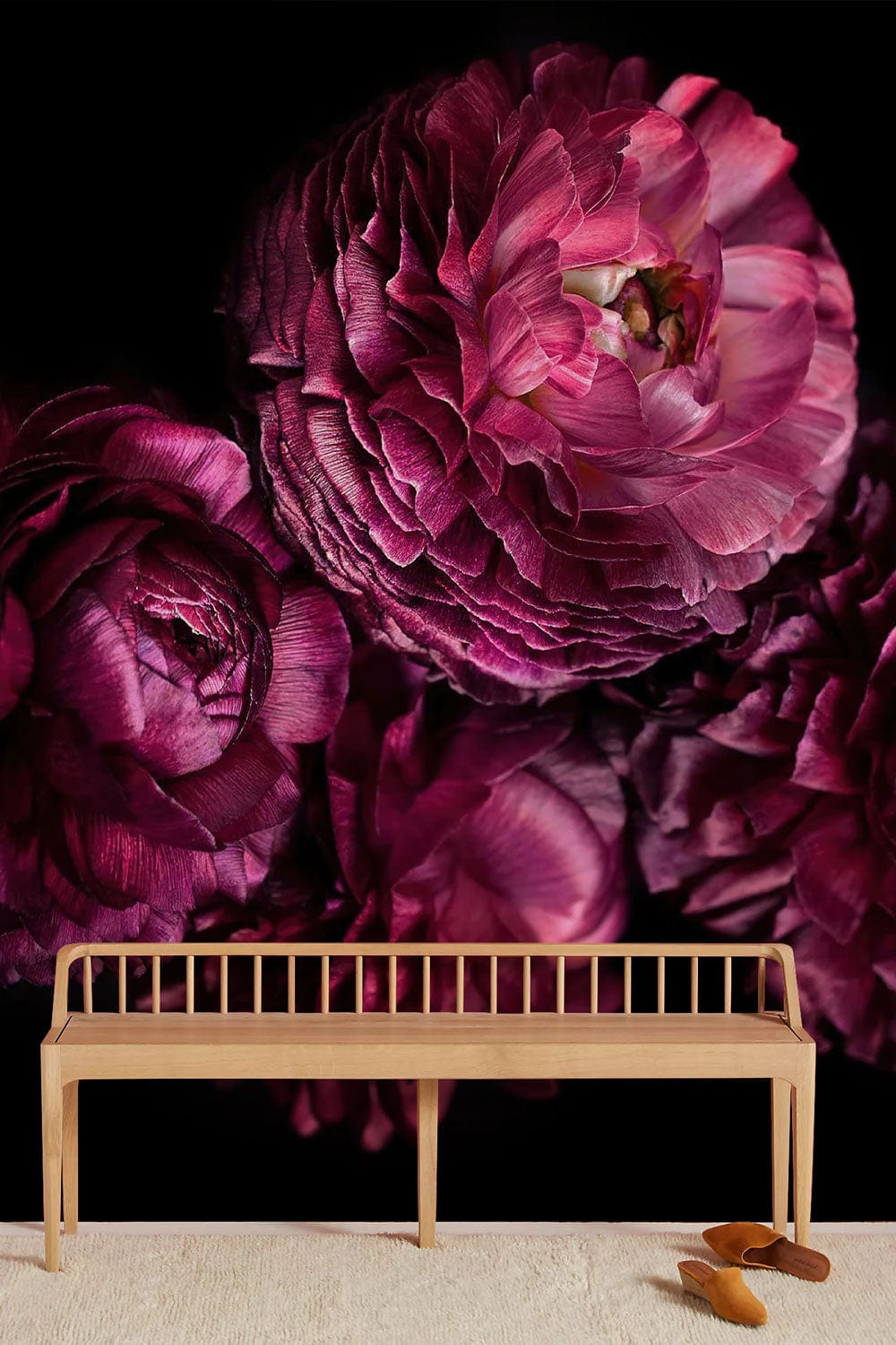 Luxurious Plum Floral Blossom Mural Wallpaper with wooden bench, textured rug, elegant dark decor.