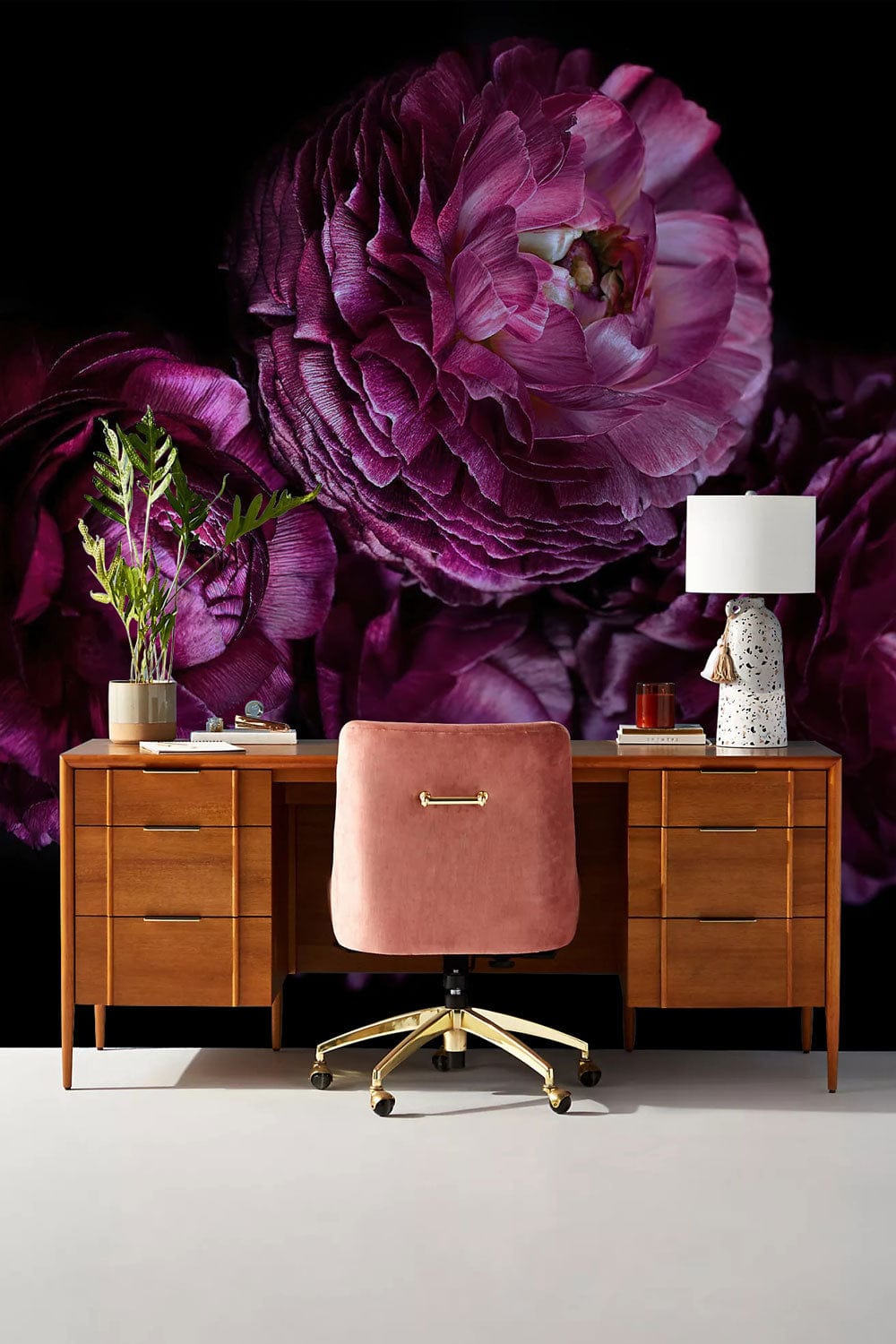 Luxurious Plum Floral Blossom Mural Wallpaper with dark botanical design in modern office setting.