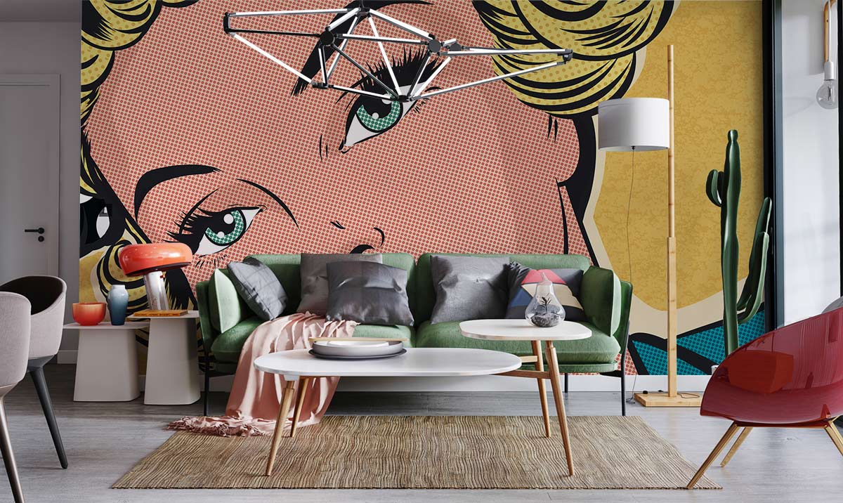 Vintage Pop Art Blonde Mural, green sofa, modern light fixture, grey flooring, stylish living room.