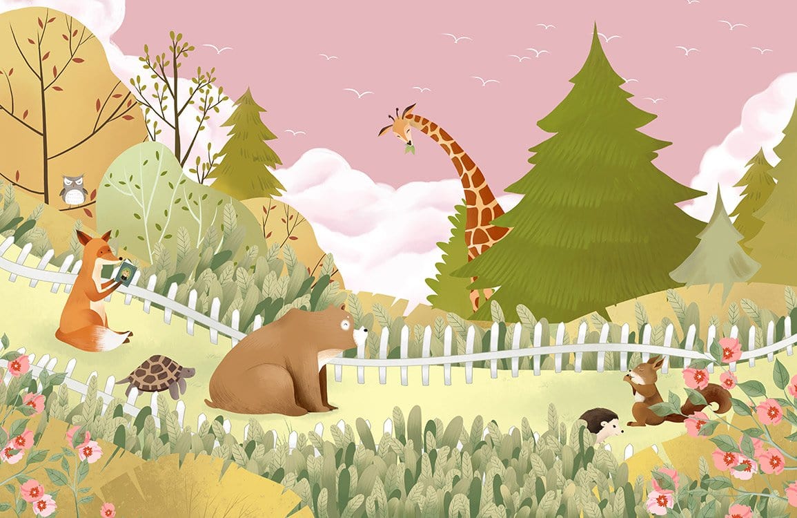 Charming Woodland Creatures Nursery Wallpaper Mural with Giraffe and Pastel Trees