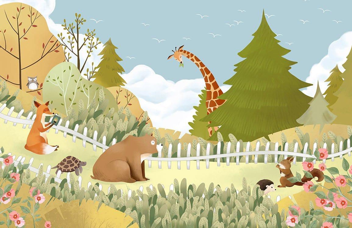 Whimsical Woodland Animals Mural Wallpaper with Giraffe and Bear Scene