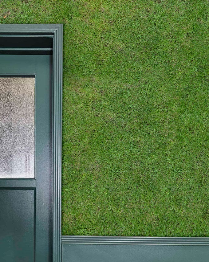 Green Grass Texture Mural Wallpaper with Green Panel Door, Ideal for Serene Outdoor Ambiance.
