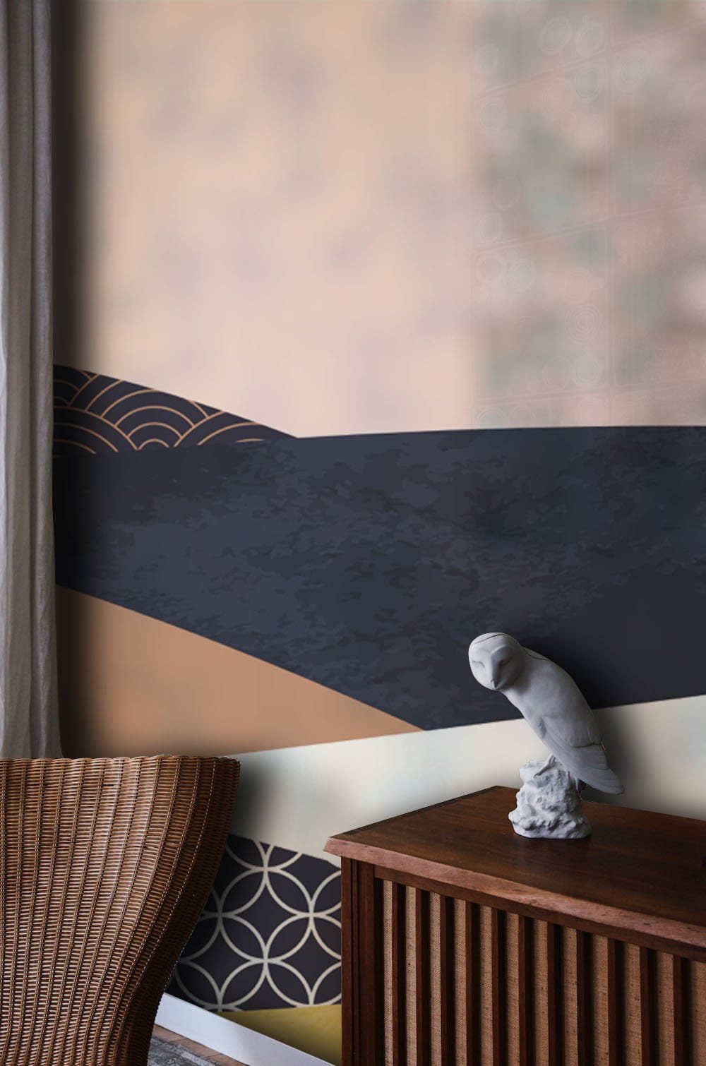 Abstract geometric mural with warm tones, wicker chair, wooden console, owl sculpture in loungeroom.