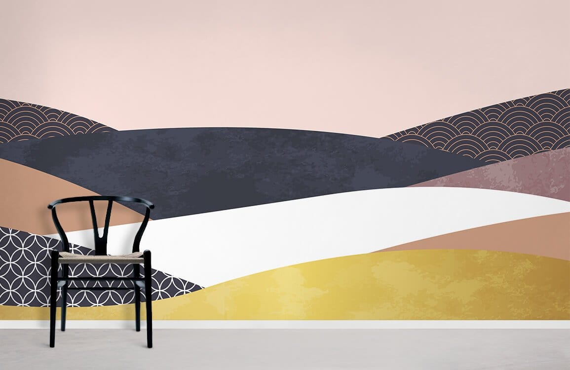 Abstract geometric mural wallpaper in pastel and warm tones, black chair, minimalist room design.