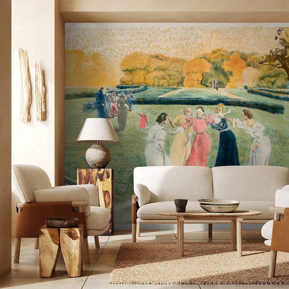 Elegant mural wallpaper with pastel shades in stylish living room featuring beige sofas and wooden accents.