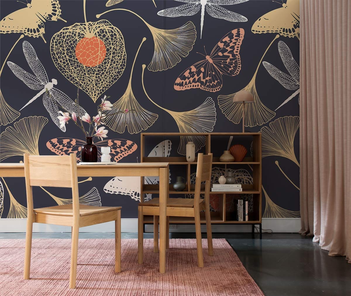 Elegant wallpaper featuring butterflies and dragonflies; dining room with wooden furniture, pink rug, curtains.