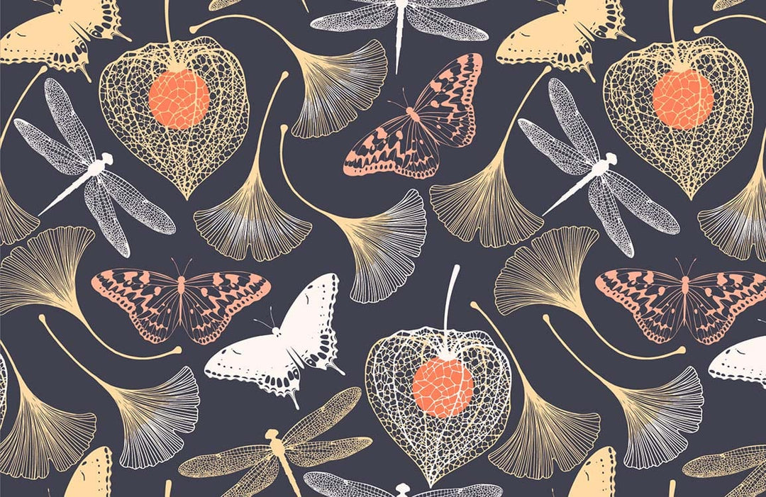 Elegant Nature-Inspired Wallpaper with Butterflies and Dragonflies in Dark Tones