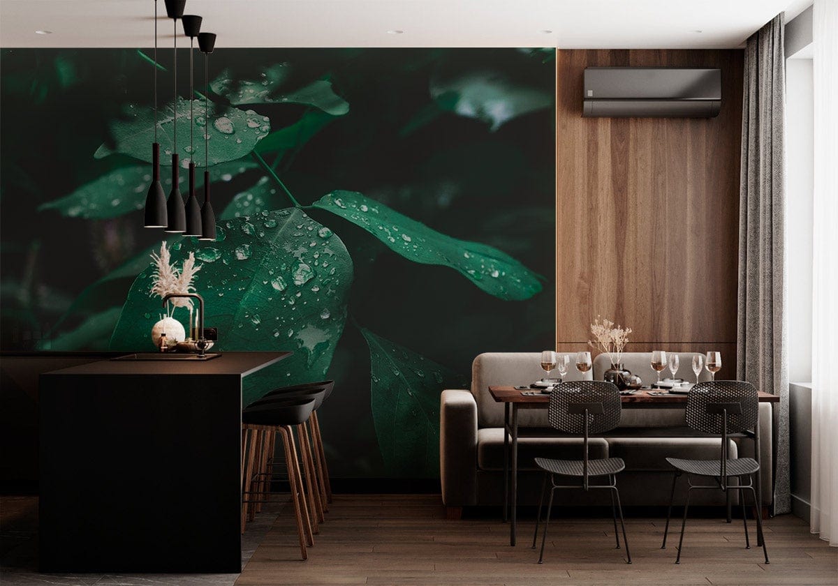 Emerald Green Botanical Mural Wallpaper in dining room with modern black bar, wooden flooring, grey sofa.