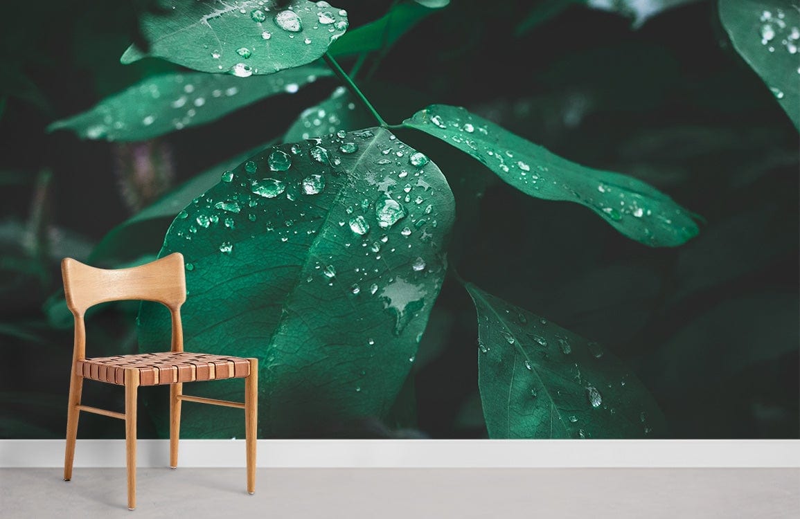 Emerald Green Botanical Leaves Mural Wallpaper with Dew Drops, wooden chair, minimalist decor, light flooring.
