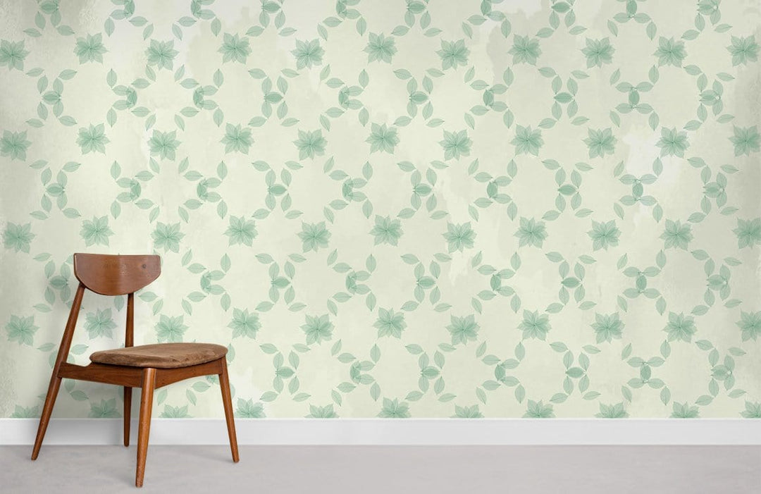 Elegant Sage Green Floral Patterned Wallpaper in modern room with wooden chair and light grey flooring.