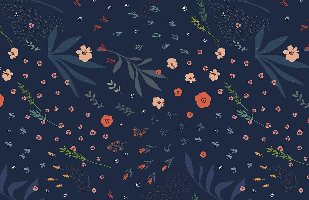 Dark Blue Floral Pattern Wallpaper – Elegant Botanical Midnight Garden Design
