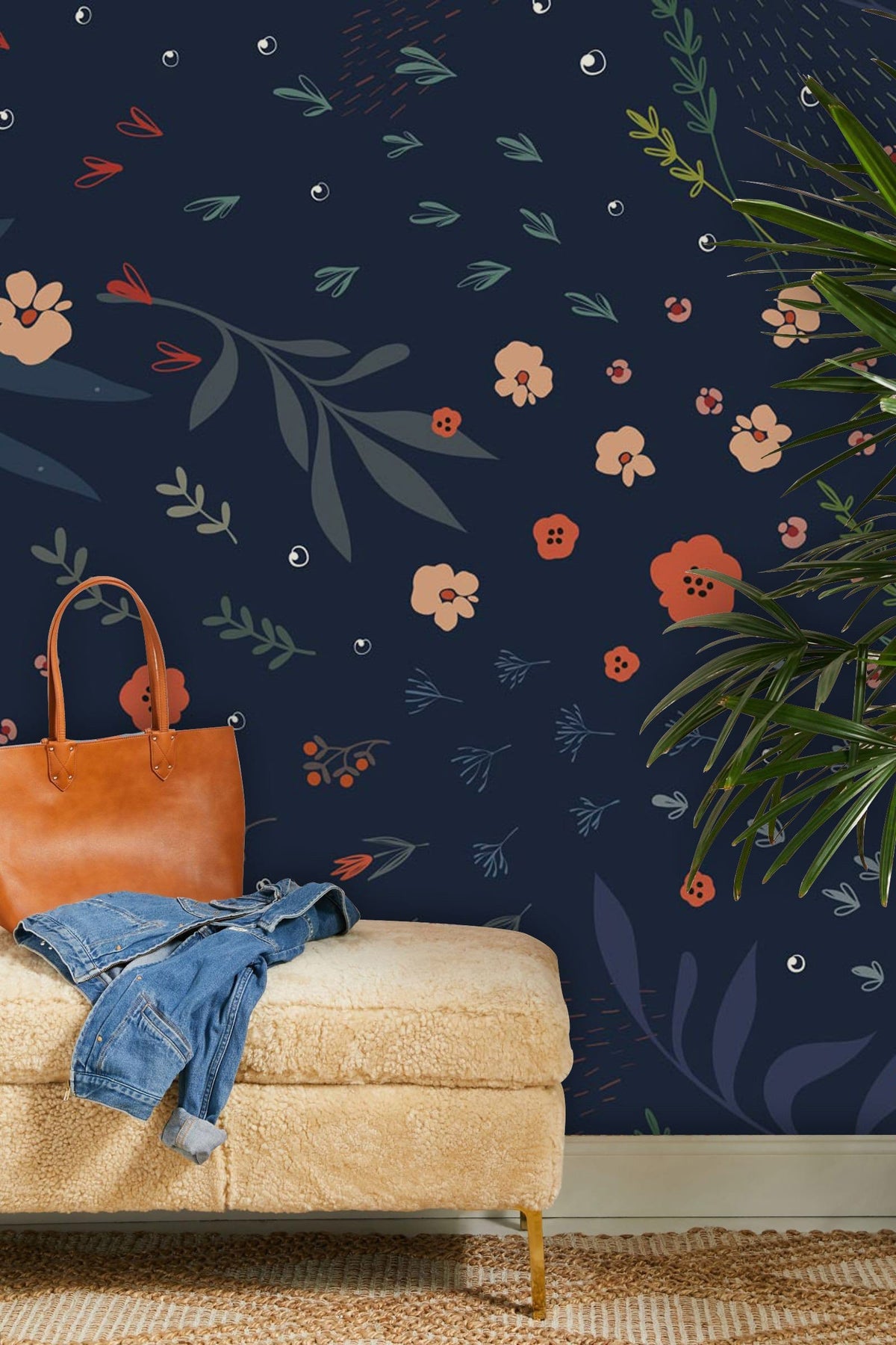 Dark Blue Floral Pattern Wallpaper in elegant botanical design, with tan ottoman and wooden flooring.