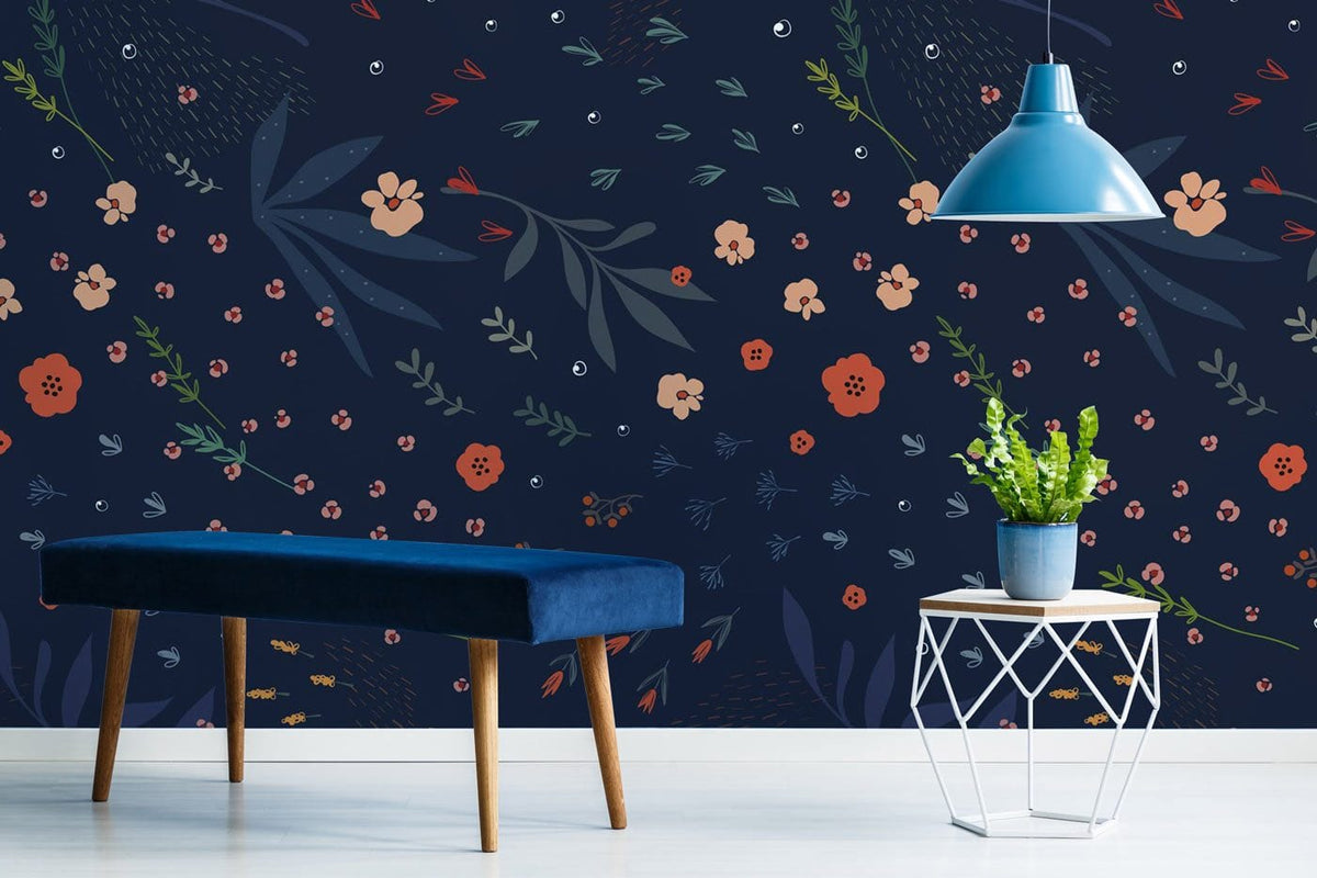 Elegant dark blue floral wallpaper with velvet bench, geometric table, and pendant light in modern room.