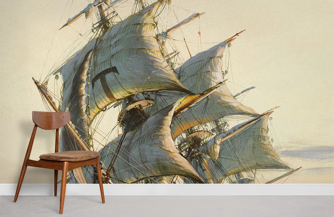 Vintage Nautical Sailing Ship Mural Wallpaper, earthy tones, wooden chair, light grey flooring.