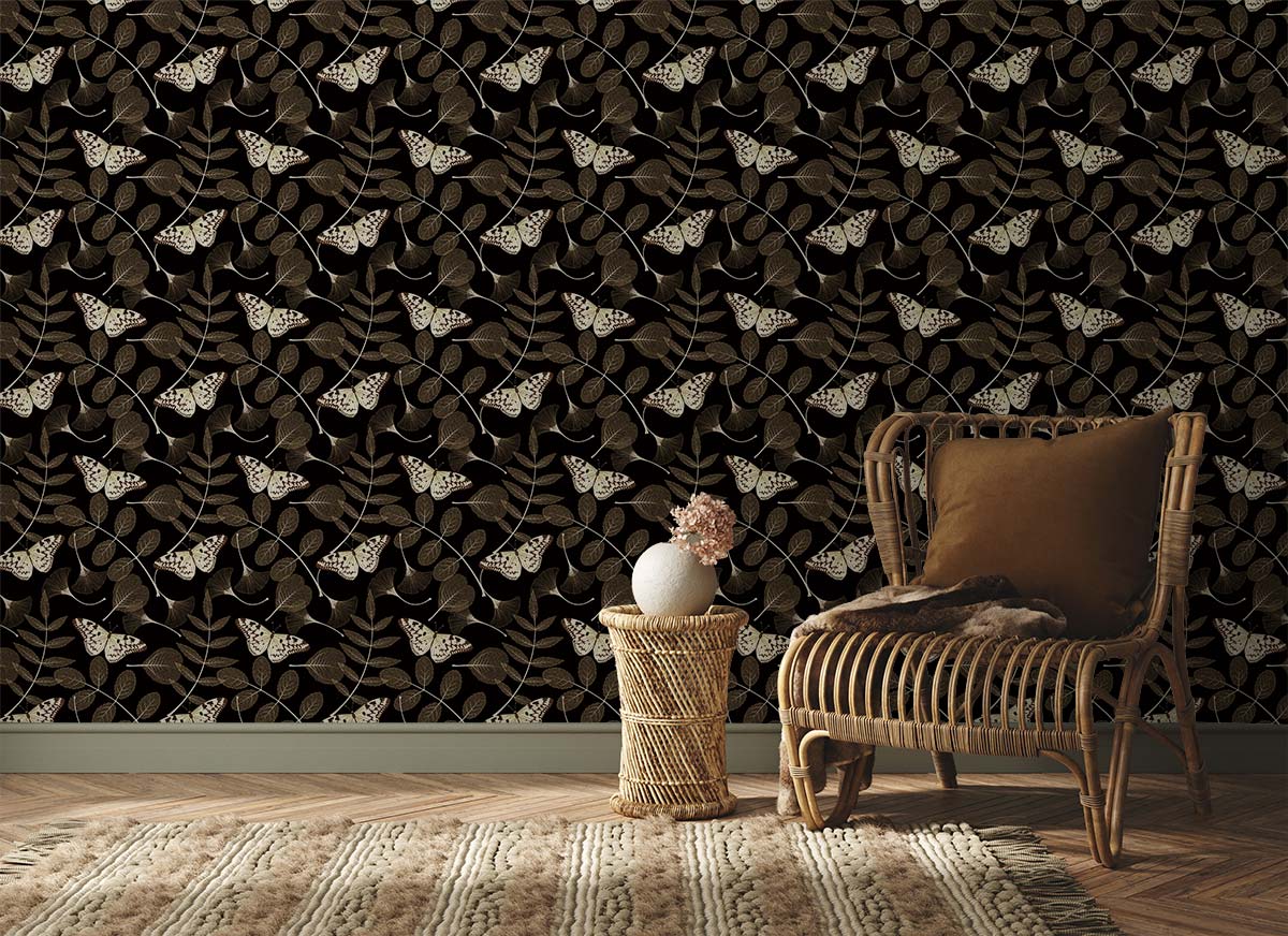 Elegant dark floral wallpaper with vintage moths, wicker chair, shaggy rug, rustic wood flooring, living room.