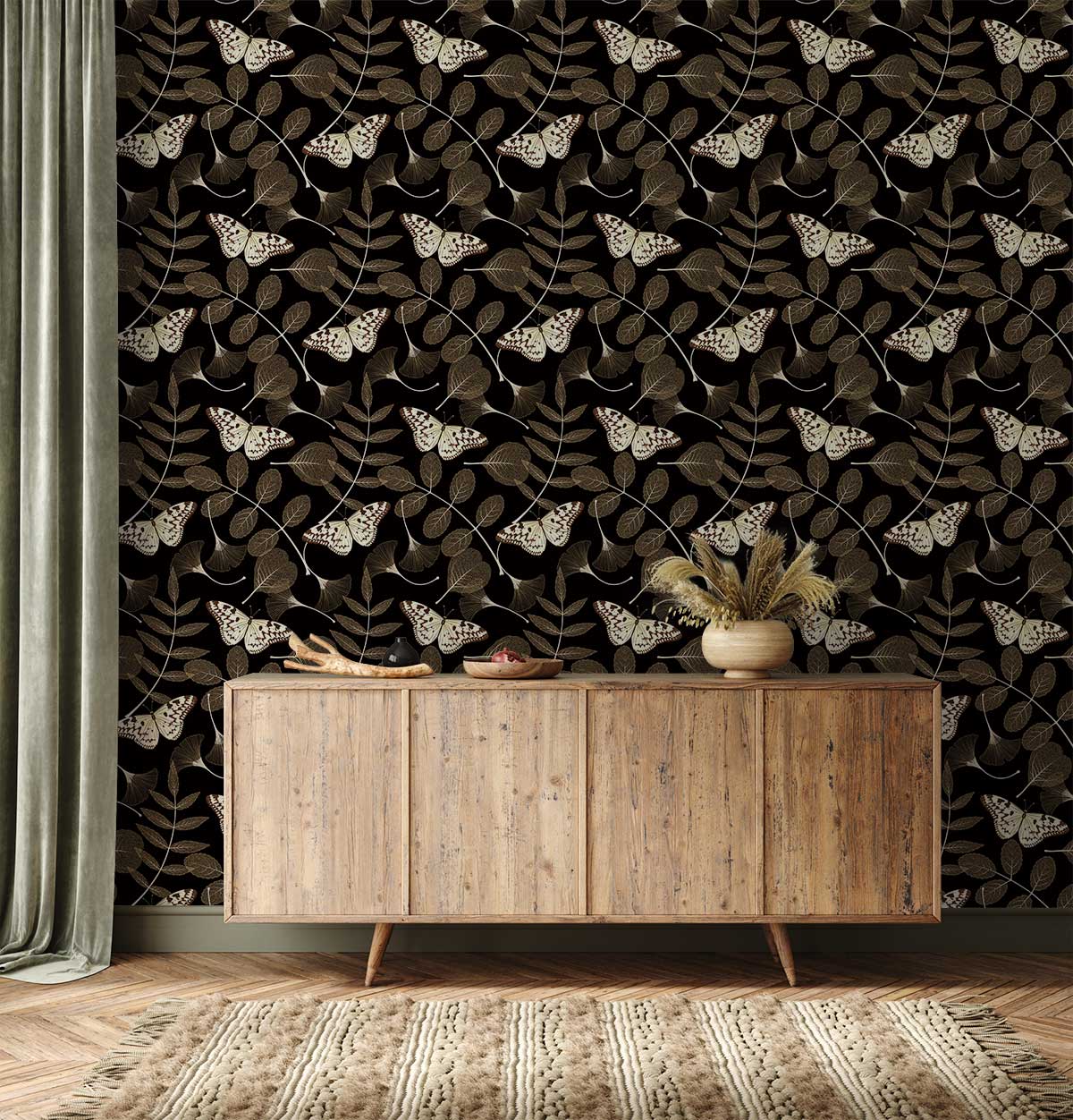 Elegant dark floral wallpaper with vintage moth pattern; wooden sideboard; textured rug in living room.