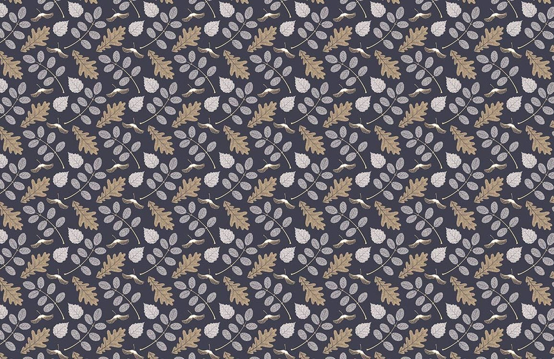 Botanical Leaf Pattern Wallpaper in Navy Blue and Gold Tones