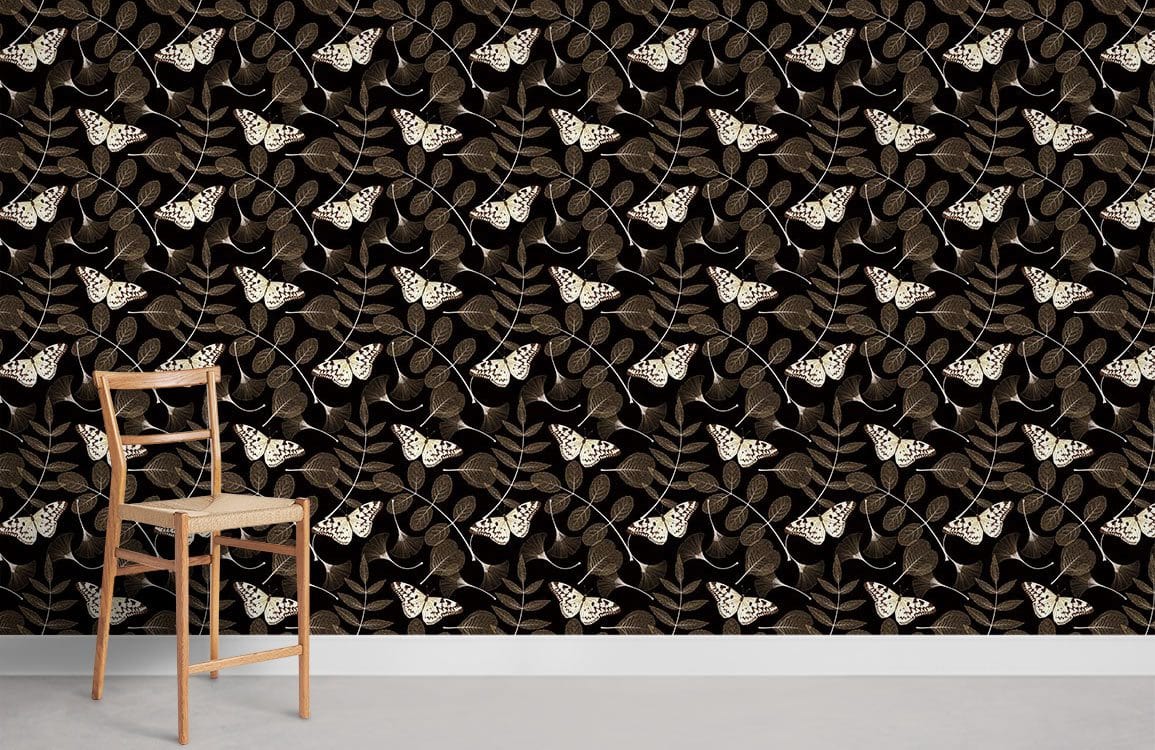 Elegant dark floral wallpaper with vintage moths, wooden chair, grey floor in stylish room.