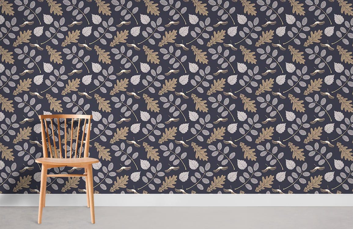 Botanical leaf pattern wallpaper in navy blue and gold tones, wooden chair, light grey flooring.
