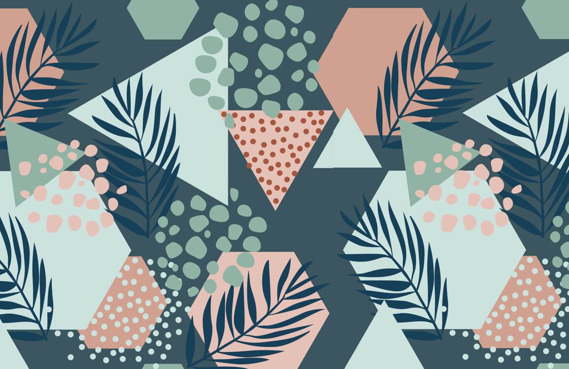 Geometric Leaf Pattern Wallpaper in Soft Pastels and Navy Tones