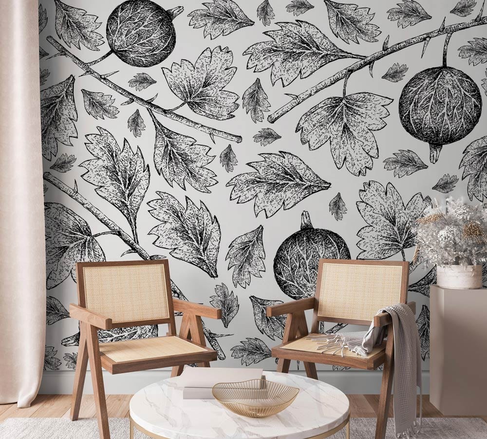 Modern living room with Black and White Botanical Fruits and Leaves Mural Wallpaper, wooden chairs, round table.