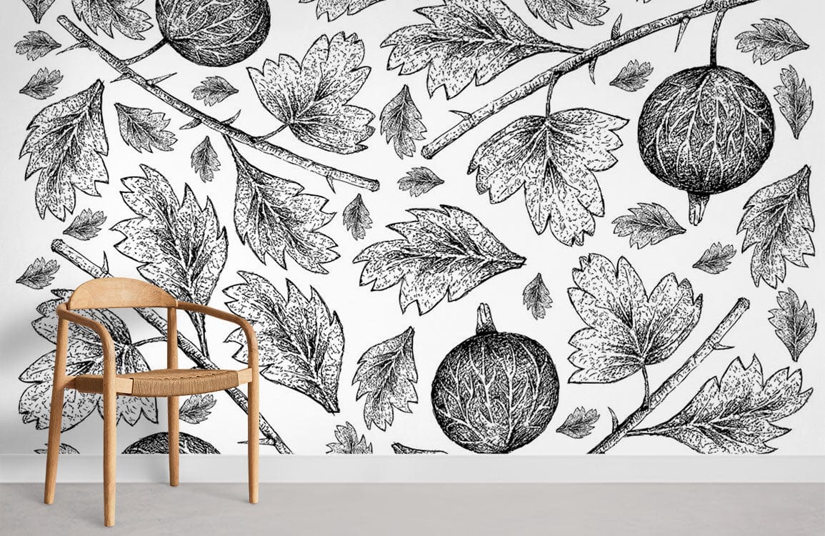 grey leaves and fruit wallpaper 