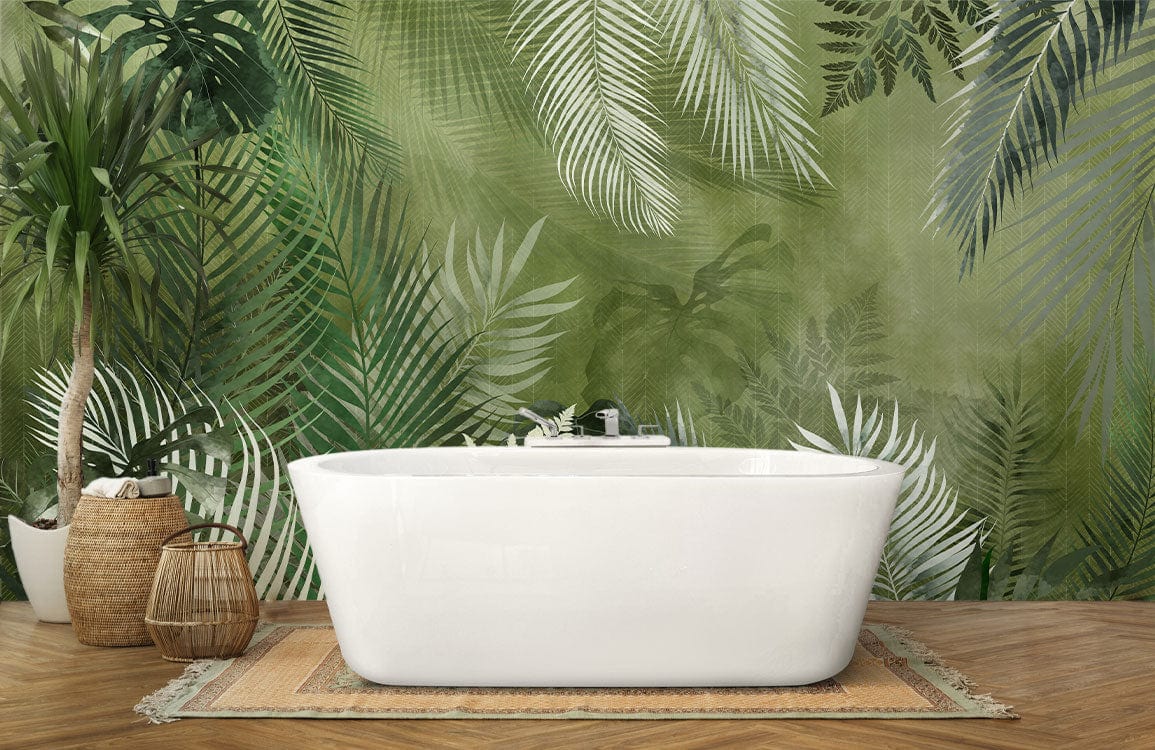 Bathtub with Tropical Green Jungle Foliage Mural Wallpaper; botanical, wooden flooring, beige rug, bathroom.