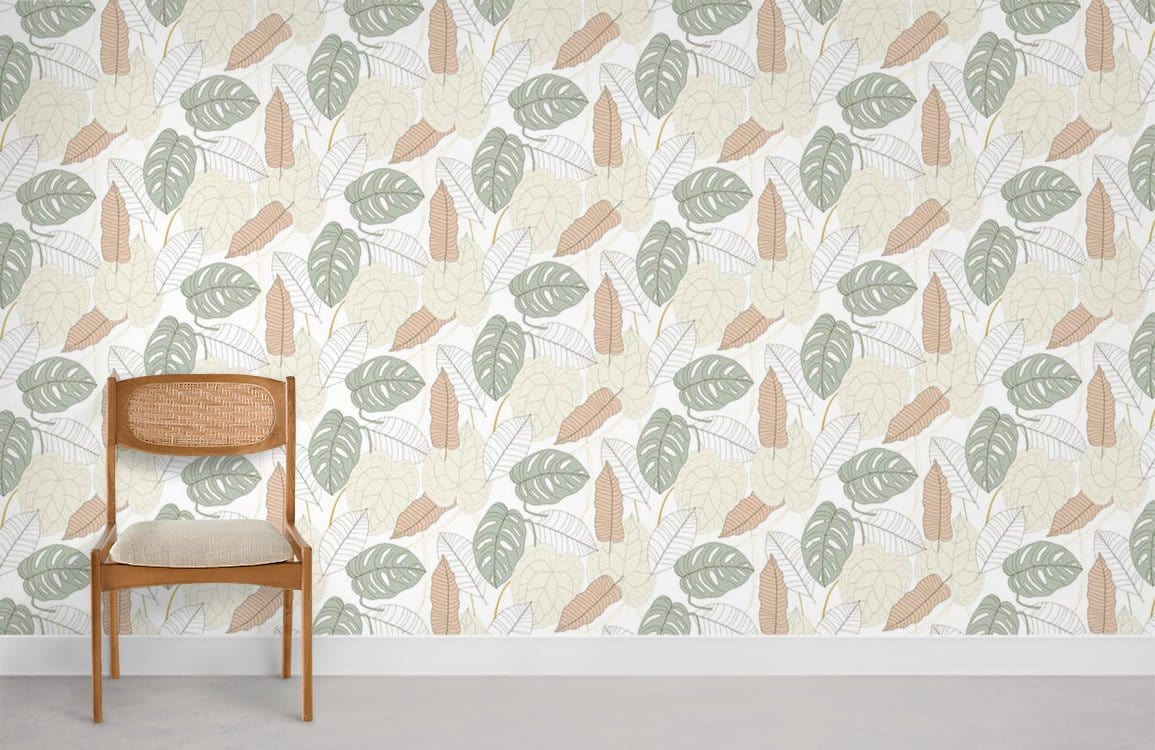 Botanical Green Beige Leaf Pattern Wallpaper; modern beige chair; minimalist room with light grey flooring.