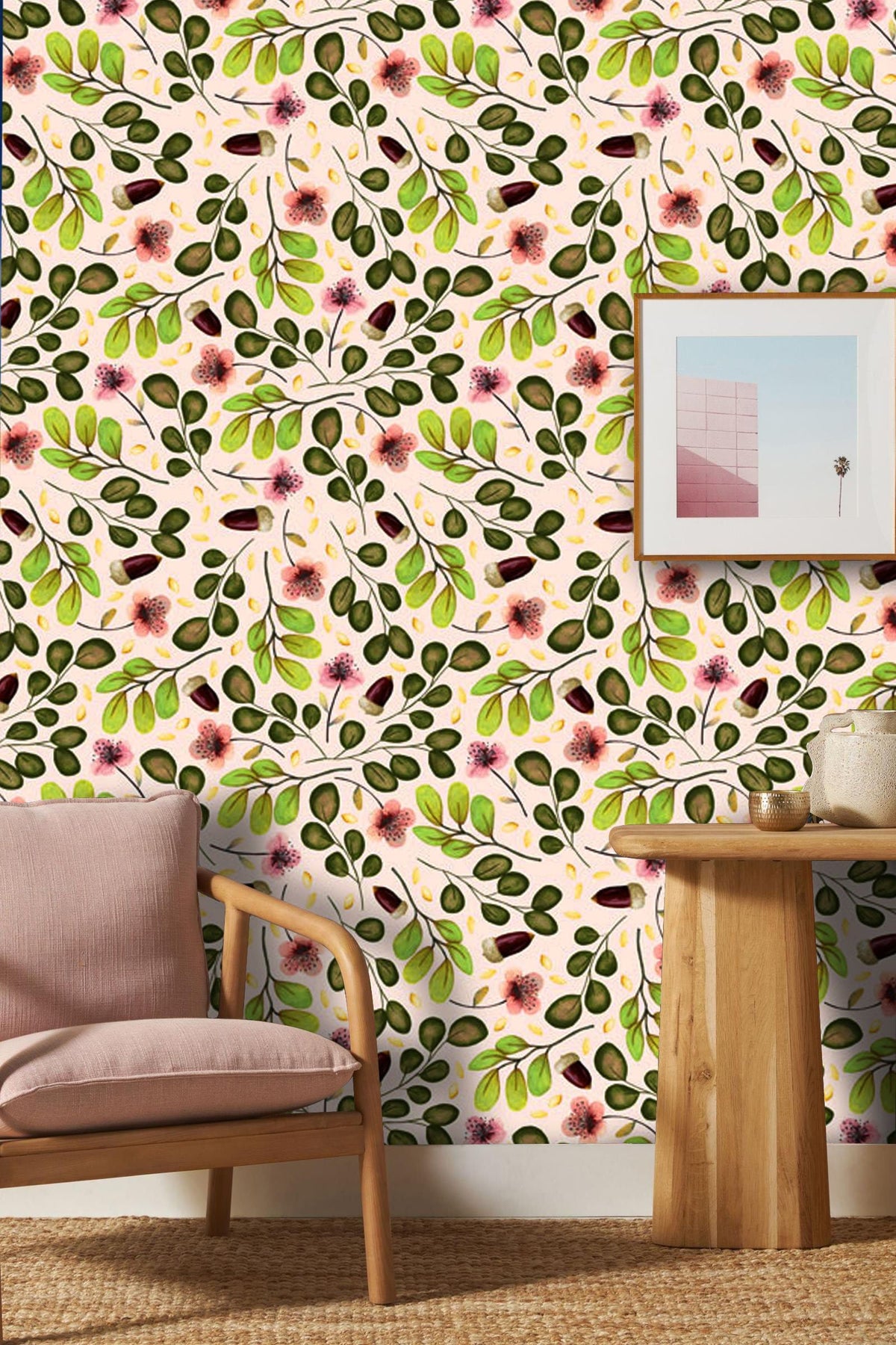 Botanical Bliss Green Leaf Wallpaper in living room with wooden armchair, framed artwork, and table.