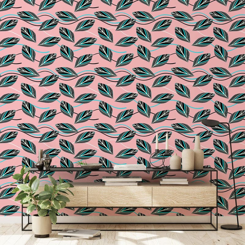 Blush pink and teal Art Deco leaves wallpaper, wooden console, ceramics, elegant interior decor.