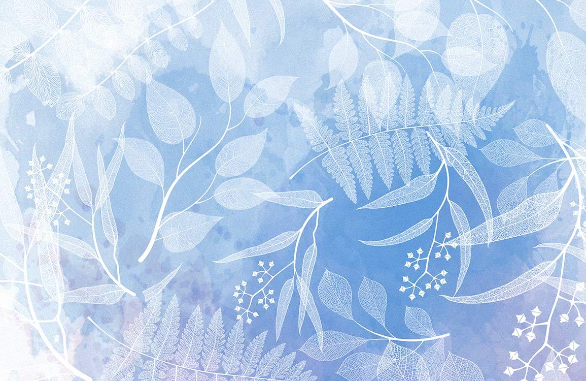 Chic Tranquil Blue Botanical Leaf Pattern Mural Wallpaper for Modern Interiors