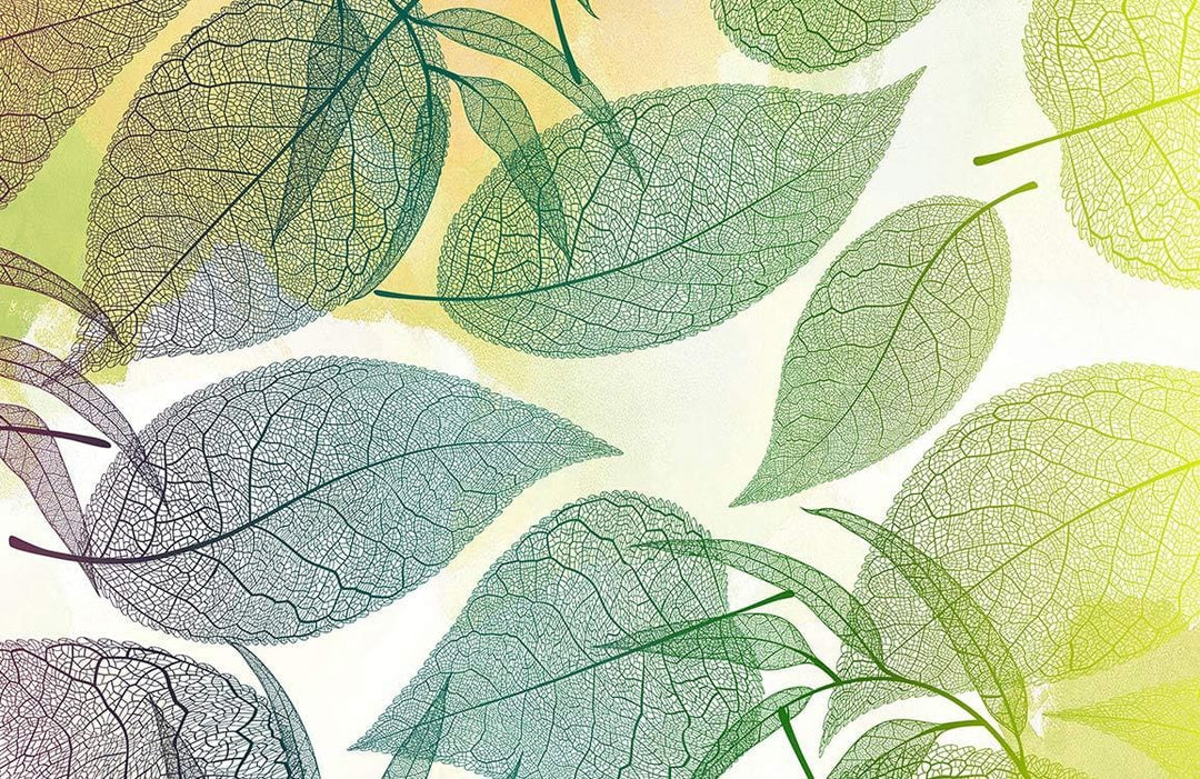 Organic Leafy Green and Yellow Botanical Pattern Mural Wallpaper Design