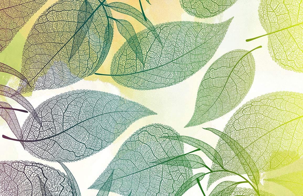 Organic Leafy Green and Yellow Botanical Pattern Mural Wallpaper Design