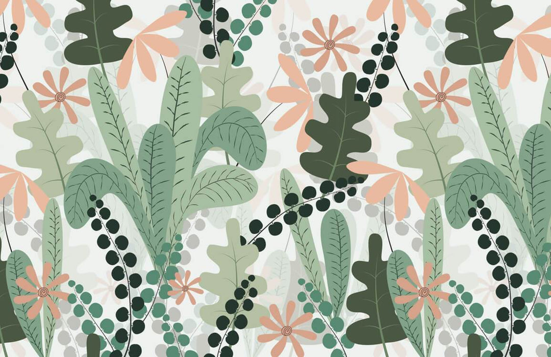 Tropical Botanical Oasis Green and Coral Floral Wallpaper Pattern Design