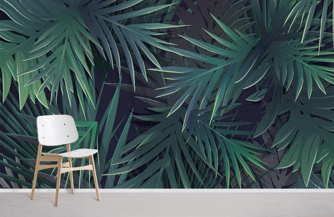 Luxurious dark green tropical palm mural wallpaper with white modern chair; contemporary living room style.