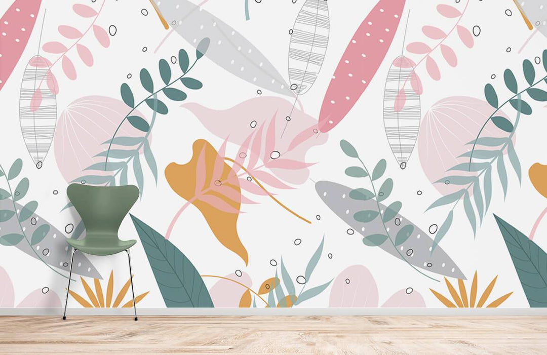 Tropical pastel bohemian floral wallpaper mural with chair, wooden floor, ideal for modern interior design.