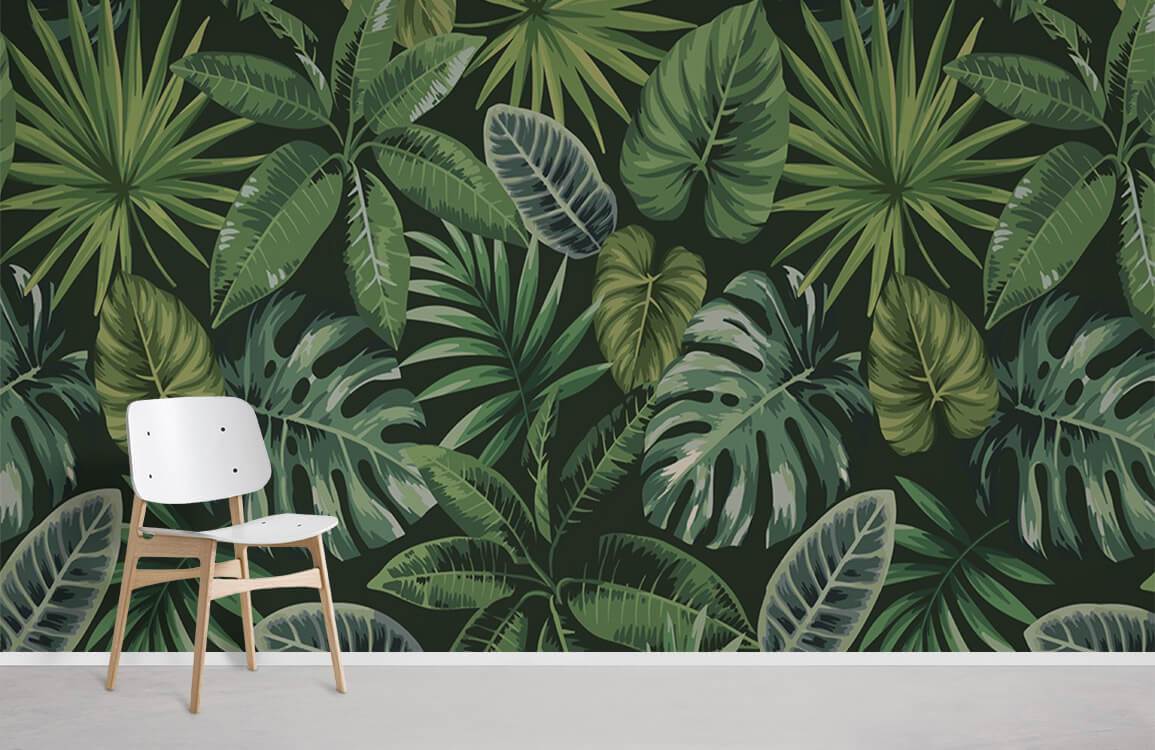Tropical Green Leaf Jungle Pattern Mural Wallpaper, white chair, neutral flooring, lush interior decor.