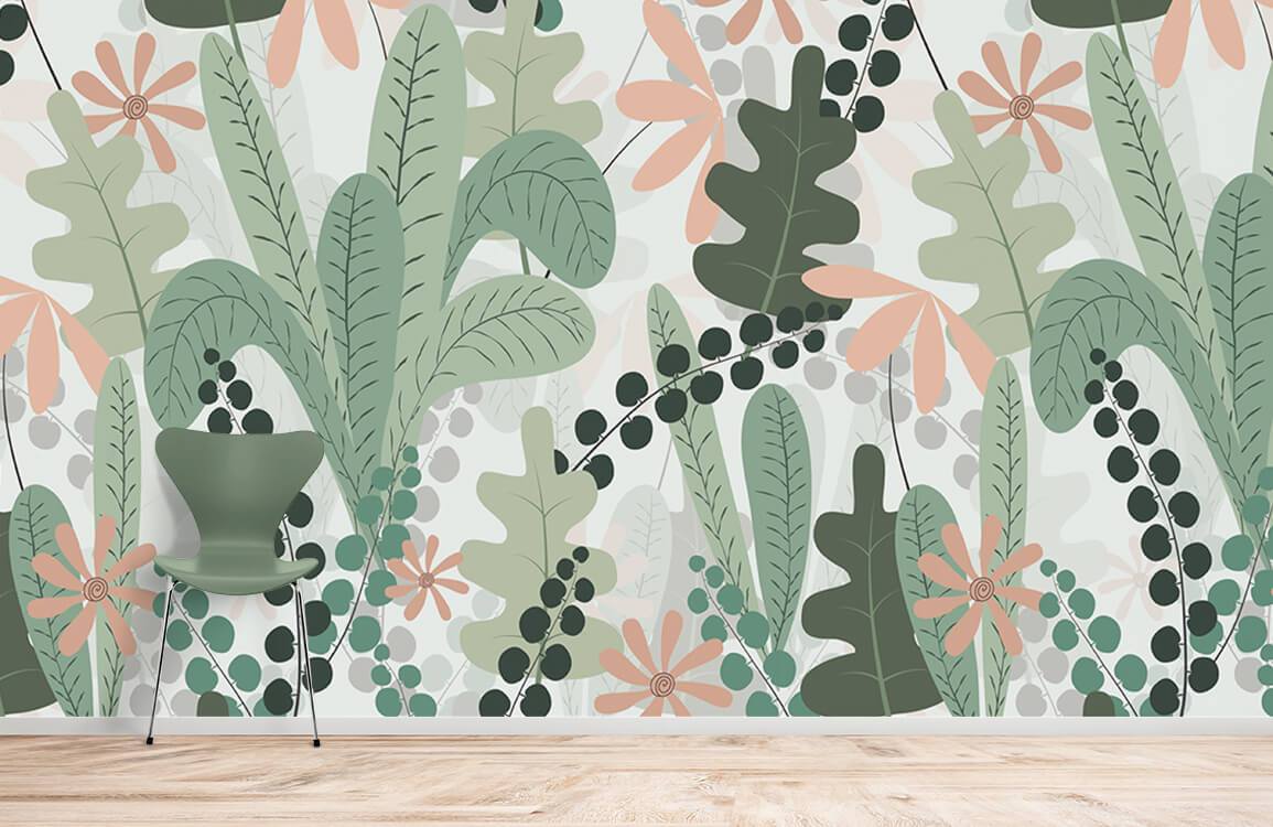 Tropical botanical floral wallpaper design with green chair, wooden flooring, and coral accents in room.