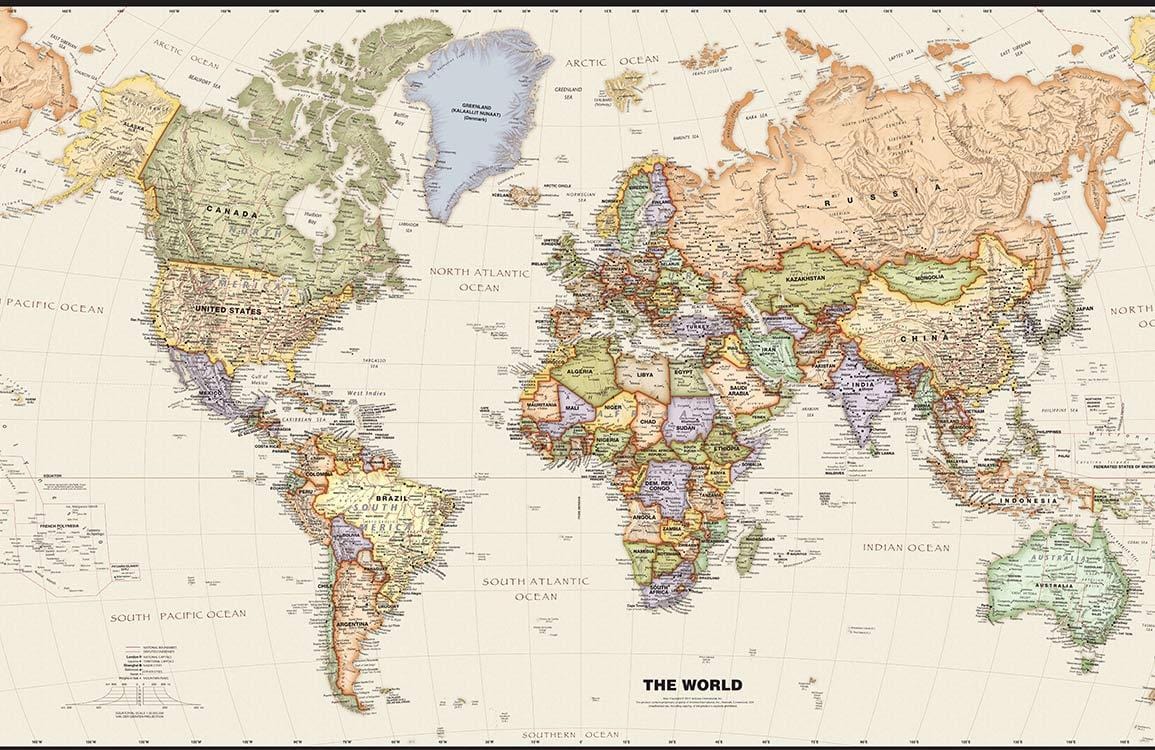 Vintage World Map Mural Wallpaper - Classic Beige Antique Style Décor