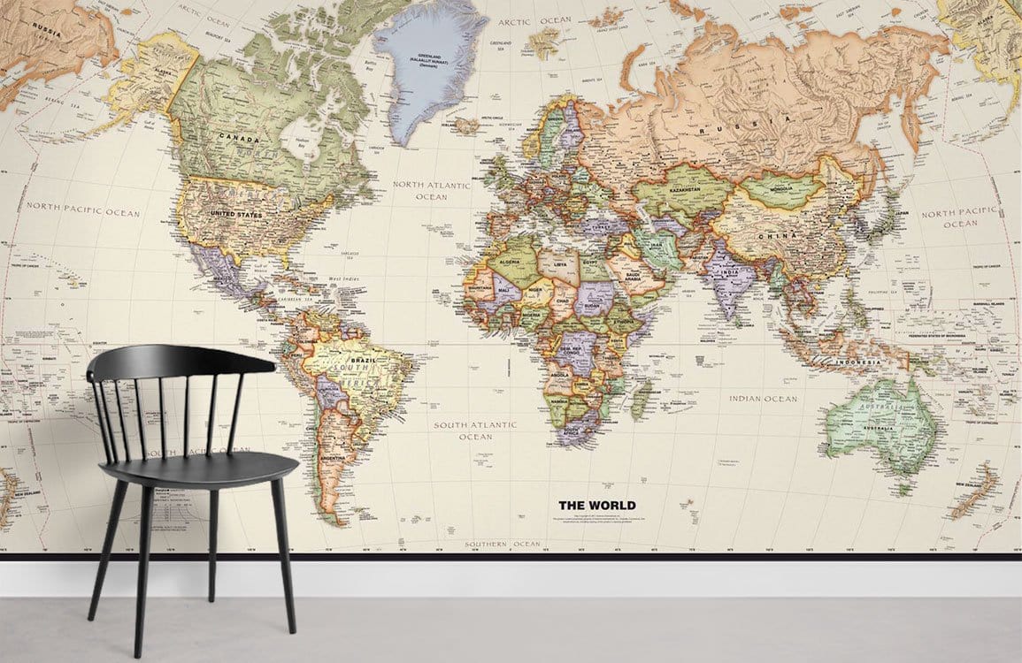 Vintage World Map Mural Wallpaper, classic beige, black chair, light grey floor, wall decor.