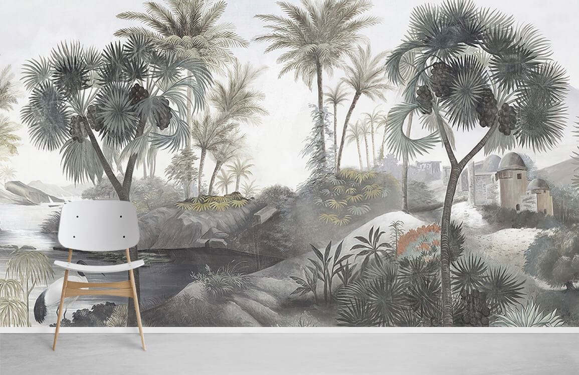Tropical Paradise Oasis mural, misty grey landscape, white modern chair, in living room with grey flooring.