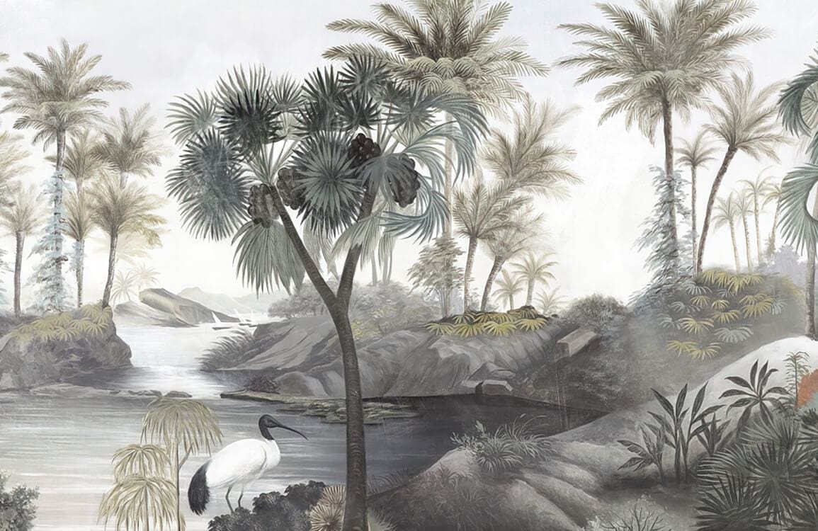 Tropical Paradise Oasis Mural Wallpaper with Calm Misty Grey Landscape Scene