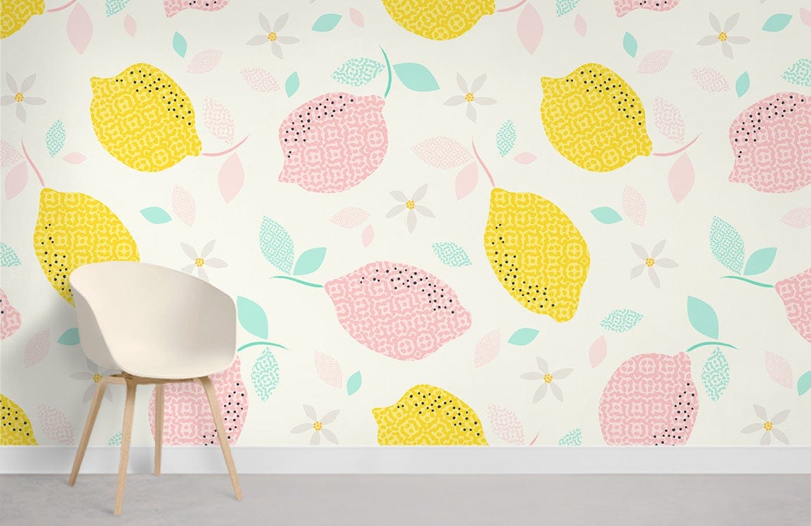 Colourful pastel lemon pattern wallpaper, vibrant decor, light-coloured minimalist chair, grey flooring, wall art.