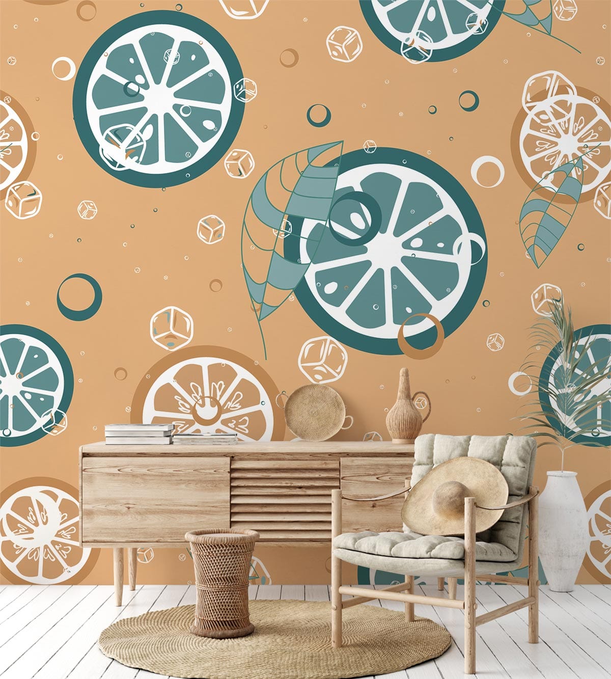 Retro Citrus Splash Wallpaper in warm room with wood console, woven chair, and light flooring.